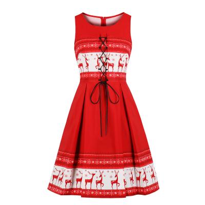 China Latest Viable Dress Designs Lace Up Print Red Dress Costume Swing Christmas Dresses For Women for sale