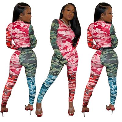 China Viable Wholesale Cheap Women Casual Camouflage Pants And Long Sleeve Outfits Women 2 Pieces Set Clothes for sale