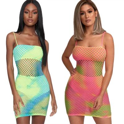 China 2021 New Tie Dye Fashion Mesh Dress Women Bodycon Mini Dress Sustainable Fashionable Club Wear for sale