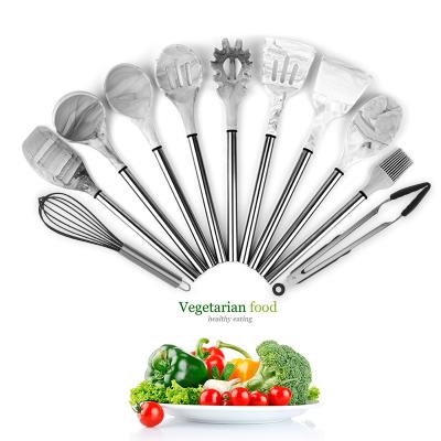 China Silicone Makes Good Sustainable Kitchenware Set Silicone Material 11 Pieces Have Stainless Tube Marble Handle for sale