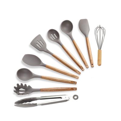 China Viable Factory Wholesale Cheap Light Brown 9 Handle Silicone Wood Material Kitchenware Sets for sale