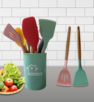 China Factory Wholesale Cheap Multi Color 12 Sets Viable Handle Silicone Wood Kitchenware for sale