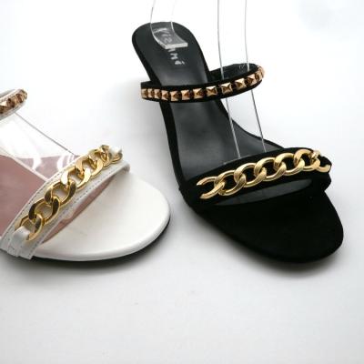 China High quality rivet fashion trend metal slip on chain gold plated metal heel women high heel slippers for sale