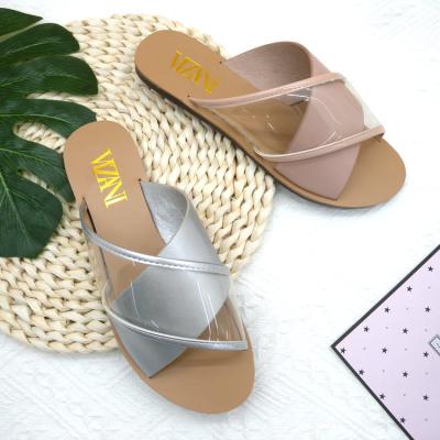 China Fashion Trend Casual Waterproof Transparent Cross Belt Sandals Flat Female Slippers for sale