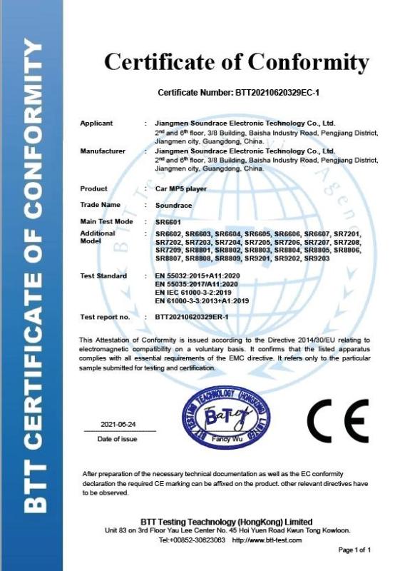 CE - Jiangmen Soundrace Electronic And Technology Co, Ltd.