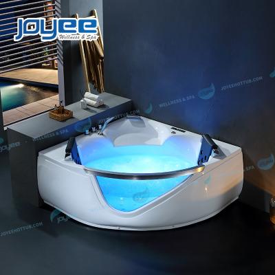 China JOYEE Neck Waterfall Massage 2 People Factory Price Triangle Corner Bathtub Indoor Whirlpool Led White Acrylic Massage Hot Tub Bathtubs for sale