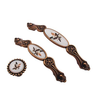 China Flower Pattern Traditional Antique Bronze Plated Ceramic Handle Kitchen Handles Door Pull Knobs Handles Dresser Wardrobe Drawer Cabinet for sale