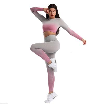 China Other 2021 New Style Crop Top Running Leggings Workout Tracksuit Fitness Gym Clothes Seamless Gradient Sports Yoga Set Women for sale