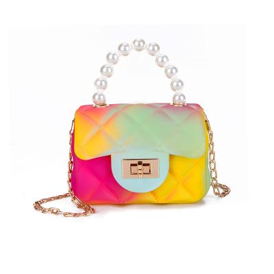 China Waterproof children pinch and handbags girls pinch mini rainbow jelly bag cross - body children handbag female bead 10379 for sale