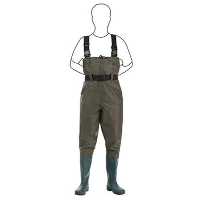 China Low Price Available Camouflage Green Color PVC Khaki Adult Nylon Chest Adjustable Strap Gusset and V-Gore Stock Fishing Wader Suit PVC Boots for sale