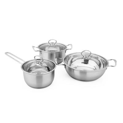 China Sustainable Kitchen Utensils Customized Stainless Steel Cooking Tools Sale 3 Pcs Cookware Set With Glass Cover For Cooking Food for sale