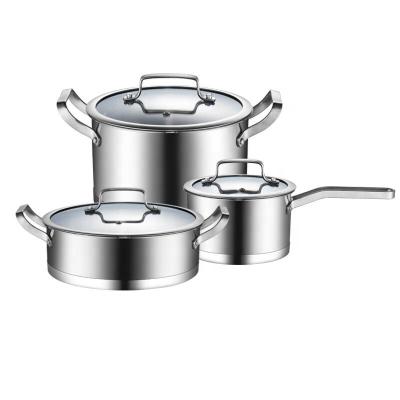 China Viable Wholesale 201 Hardware Upright Cookware Set Stainless Steel Mirror Metal Handle Feature Polish Glass Inner Flat Bottom for sale