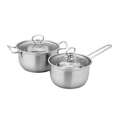 China Hot Selling Viable Stainless Steel OEM Kitchen Cookware 2 Piece Set Pot With Glass Cover For Kitchen Induction Cooker Appliance for sale