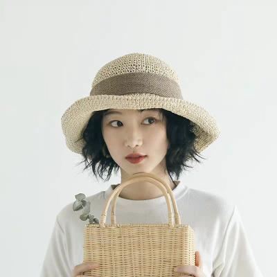 China Character Foldable Hemming Travel Beach Straw Hat Women Bucket Sun Protection Hats Summer Vacation Leisure for sale