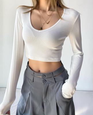 China Anti-pilling Summer Solid Color Sexy Long Sleeve Autumn V-Neckline Crop Top For Women for sale