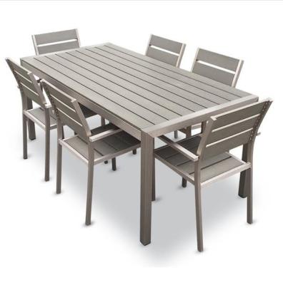 China Amanda Modern Furniture Modern Outdoor Luxury All Weather Restaurant Garden Plastic Wood Table and Chairs Funiture Outdoor Aluminum Patio Dining Set for sale