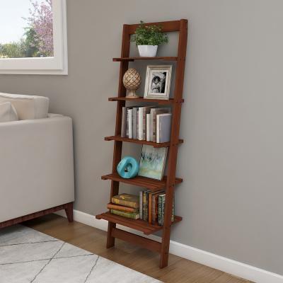 China Adjustable 5-Tier Ladder Shelf Leaning Decorative Shelves For Display-Walnut Wood Accent for sale