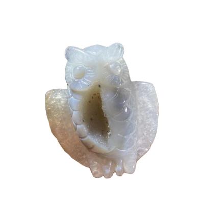 China High Quality Decorative Natural Healing Druzy Crystal Carved Agate Hole Owl From China Reiki for sale