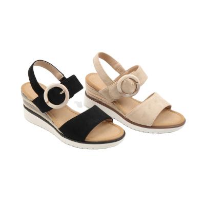 China New upper fashion trend lady sandals microfiber with big buckle straw outsole women waveing ​​wedges for sale