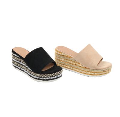 China Fashion trend new simple slipper style microfiber upper with straw outsole weaving women wedge slippers for sale