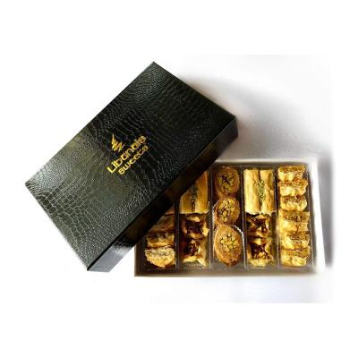 China Recyclable custom logo stamped texture paper diwali baklava gift boxes with tray for sale