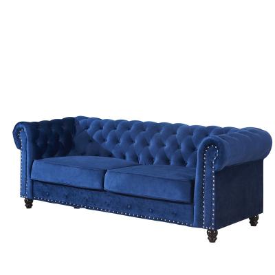 China 2021 Classic Velvet Polyester Chesterfield Sofa Button Tufted 3 Seater Modular Living Room Chesterfield-SF1726 Blue for sale