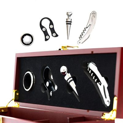 China Wholesale 4pcs Easy To Use Bar Tools Bottle Corkscrew Opener In Wooden Wine Box 4 Pieces Kit Wine Accessories Gift Set for sale