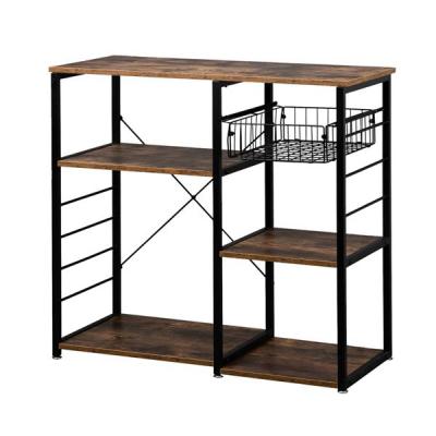 China Traditional Kitchen Rack Cafe with Wire Rack Microwave Rack Wine Glass Rack Kitchen Island with Hook for Easy Assembly Brown for sale