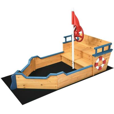 China Modern Children's Outdoor Wooden Sandbox Boat Shaped Bottom Padded Backyard Home Lawn Garden Beach for sale