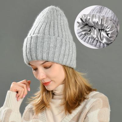 China 2021 Hot Selling COMMON Cashmere Wool Hat With Silk Lining Wholesale Satin Striped Hat Knit Satin Striped Beanie for sale