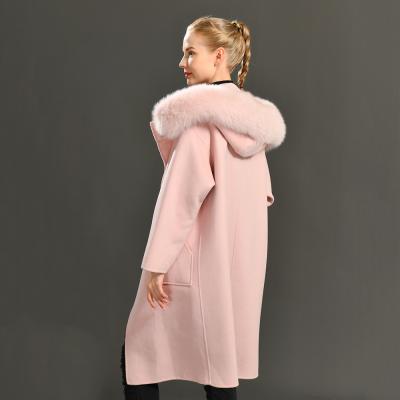 China New Design Fox Fur Trim Cashmere Coat Hood Long Korean Cashmere Wool Coat Anti-wrinkle Real Wool Fashionable Coat for sale