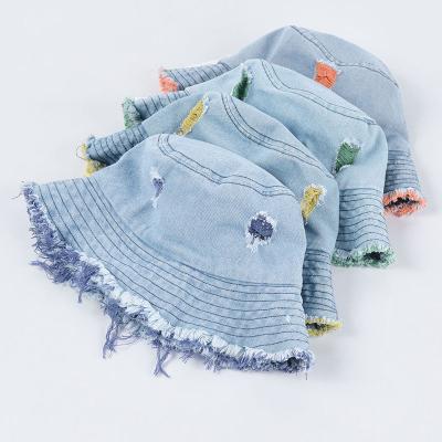 China Outdoor Activities High Quality Fringed Brim Cleared Spring Worn Hat Women Jean Bucket Hat Denim Men Cool Distressed Denim Bucket Hat for sale