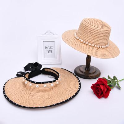 China Wholesale Custom Open Top Straw Visor Hat Pearl Women Chillout Beach Straw Hat Sombreros Summer Sun Character Open Top Oversized Hat for sale