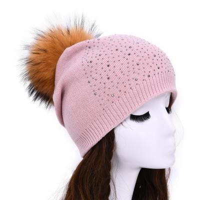 China New Fashion Diamond Cotton Soft Winter Fur COMMON Bobble Hat Slouchy Beanies With Custom Label for sale