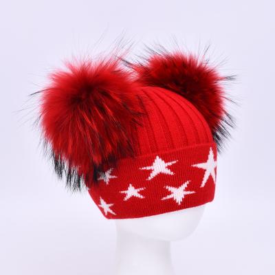 China JOINT Children's Warm Knitted Hat With Star Child Kitted Hat Wholesale In Stock Kids Double Pom Pom Hat for sale