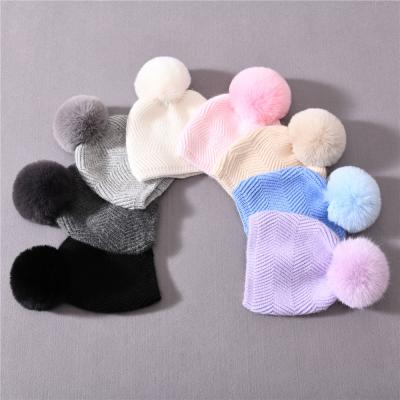 China COMMON Korean Kids Beanie Hand Made Beanie With Faux Fur Pompom Children Knitted Cute Kids Winter Hats for sale