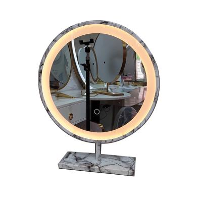 China Round Hollywood Lighted Table Standing Style Led Smart Makeup Vanity Mirror With Light Marbling Printing for sale