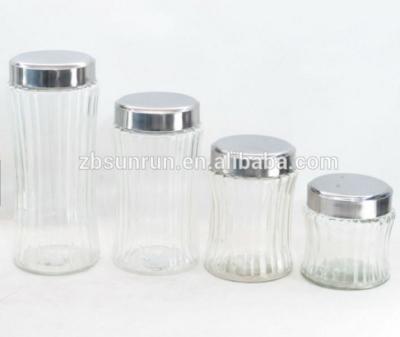 China Sustainable round glass storage jar with s/s lid and vertical stripes on the surface for sale