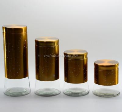 China High Quality Viable Storage 4pcs Cylindrical Glass Jar With Metals Coating And Screw Lid Multifunctional Food Grade Wholesale for sale