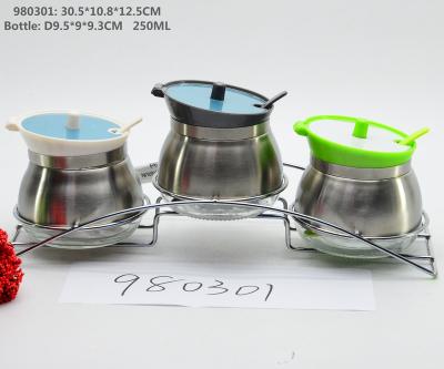 China 3 Pieces Sustainable Stainless Steel Glass Spice Jar With Spoon In Holder For Kitchenware for sale