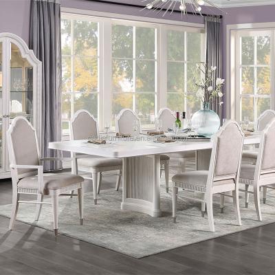 China Light Color Design Rectangle Solid Wood Dining Table French Luxury White Wood Top Dining Room Furniture With 8 Chairs for sale