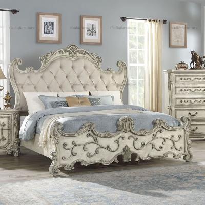 China French Luxury Adjustable Rococo Bed Design King Size Queen Size Bed Cut Out Bedroom Furniture With Cream Nightstand for sale