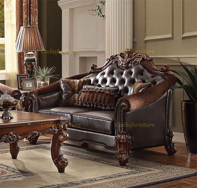 China Victorian Design Sofas Sectional Deep Color Living Room Sofa Genuine Leather Wood Carved Genuine Leather Furniture for sale