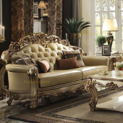 China Antique Gold Luxury Victorian Color Sofas Living Room Sofas Living Room Sofas Design Genuine Leather Wood Carved Sofa Set for sale