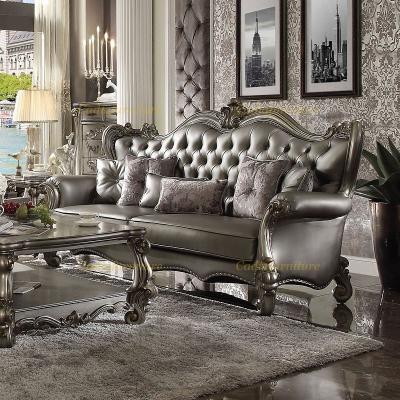 China Luxury Victorian Design Genuine Leather Sofa Set Solid Wood Carved Living Room Sofas Antique Sofas for sale