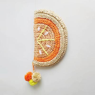 China Water Resistant Customization Semi Round Shape Clutch Bag Handwoven Summer Beach Pompom Paper Straw Bag for sale