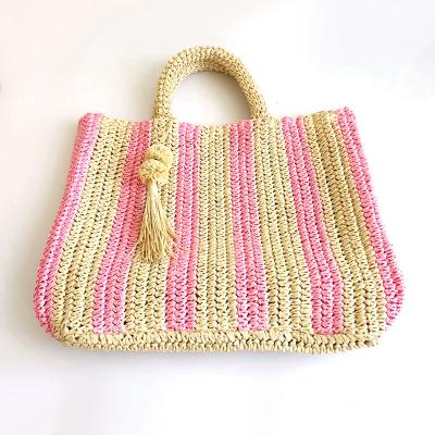 China Water Resistant Striped Large Tote Bag Casual Straw Woven Women Handbags Summer Beach Lady Tote Bags for sale