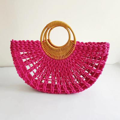 China Water Resistant Summer Fashion Affordable Semi Circle Shape Bag Rose Red Straw Bag Woven Bag With Bamboo Handle for sale