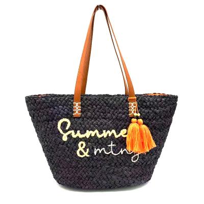 China Water Resistant New Natural Paper Material Straw Woven Bag Beach Holiday Portable Ladies Fashion Leisure Tote Bag With Pompom for sale