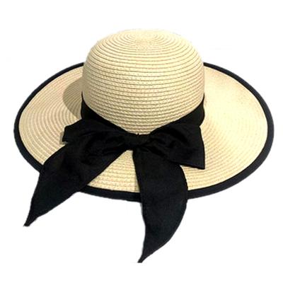 China Eco-friendly Fashion Graceful Style Sombrero Female Summer Beach Sun Hat Black border Wide Brim Ribbon Bowknot Straw Hats for sale